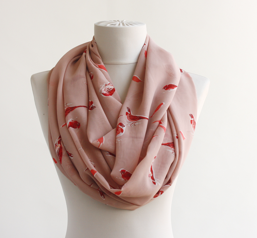 Spring Scarf With Bird Prints Coral Pink Summer Scarf on Luulla